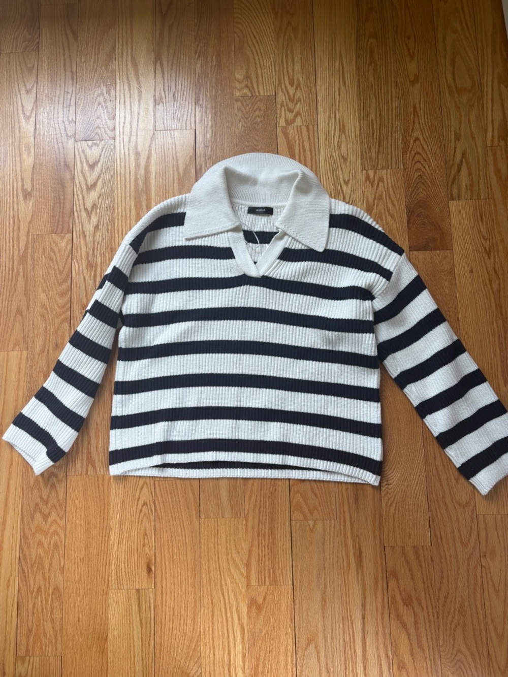 Aqua Striped Collared Pullover Sweater - White & Black